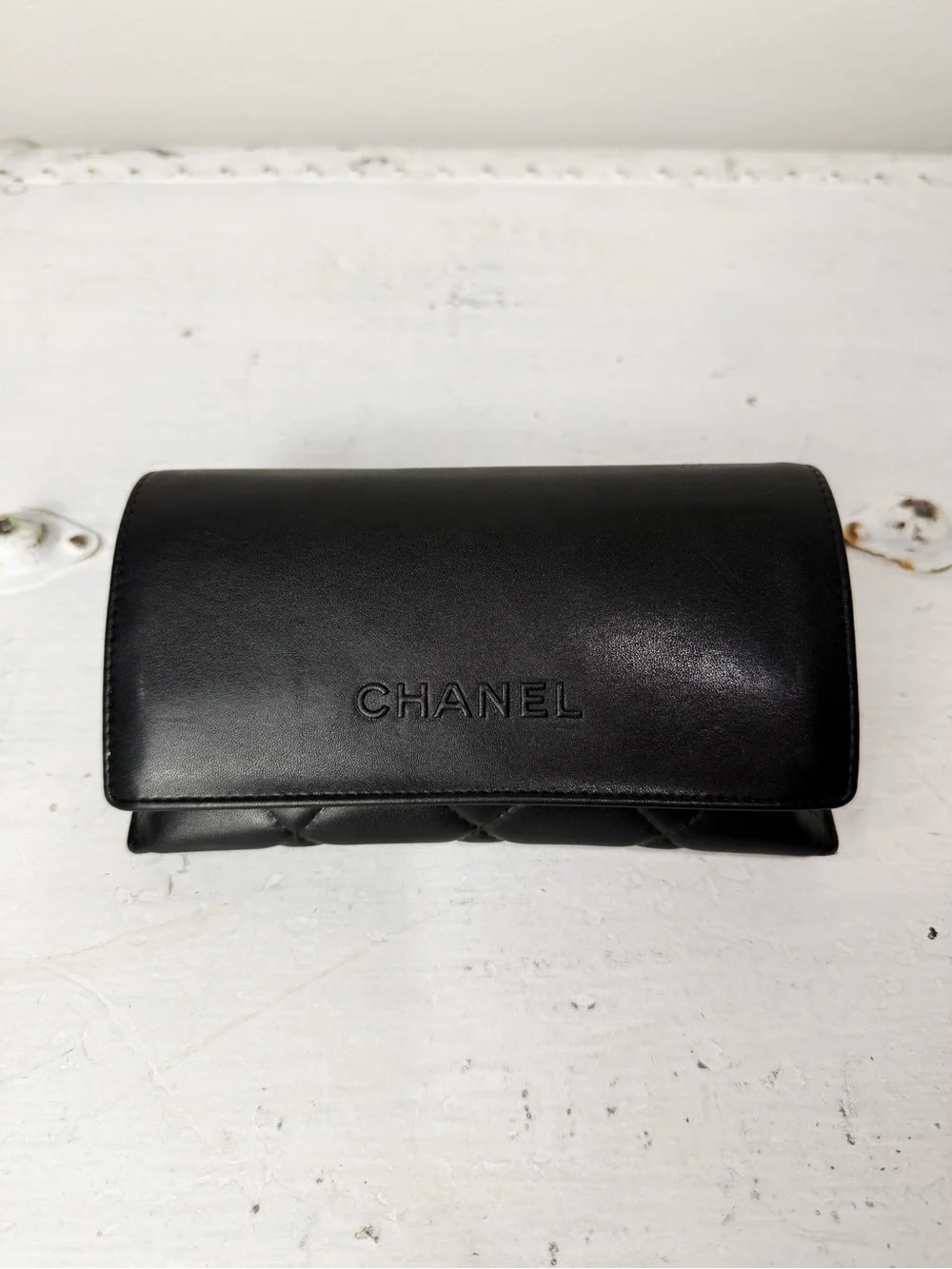 CHANEL Black Leather Quilted Hard Clamshell For Case Eyeglasses & Sunglasses